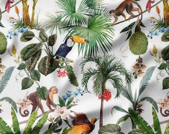 Tropical Jungle Cotton Fabric by the Yard Exotic Birds, Monkeys, and Lush Foliage Design for Sewing, Quilting, Bedding, and DIY Projects