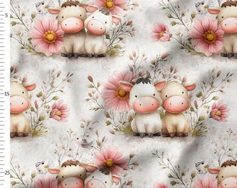 Cotton Fabric by the Yard, Baby Cows with Pink Cosmos and Little Birds, Pastel Farm Floral