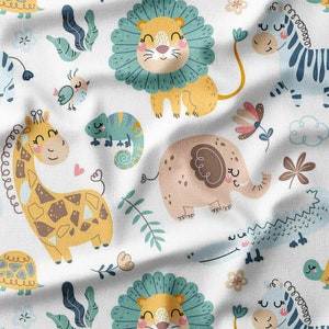 Safari Animals Cotton Fabric by the Yard Cute Cartoon Jungle Animals Lion Giraffes Elephants Sewing Fabric for Kids Quilting Clothes Bedding