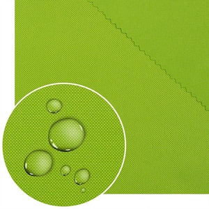 May include: Close-up of a bright green fabric with a water-repellent finish. The fabric has a textured weave and is shown with several water droplets. The fabric is a solid, vibrant green colour.