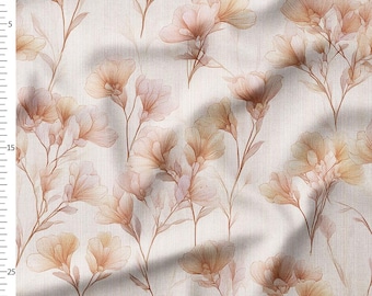 Cotton Fabric by the Yard – Blush Watercolor Flower Stems on Beige – Romantic Floral Pattern