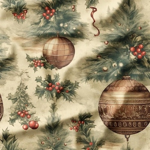 Gold Christmas Ornaments with Holly and Pine Branches on Beige Cotton Fabric by the Yard - Perfect for Quilting, Pillows, and Holiday Crafts