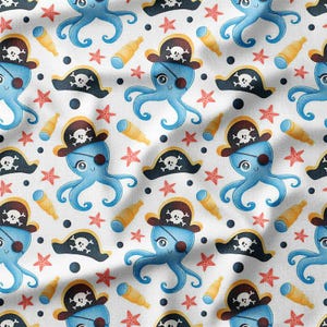 Pirate Octopus Cotton Fabric by the Yard – Fun Octopuses with Pirate Hats and Starfish, Ideal for Kids&#39; Clothing, Crafts, and Room Decor
