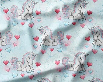 Cotton Fabric by the Yard - Unicorns with Pink and Blue Hearts on Light Blue, Perfect for Quilting, Sewing, and Nursery Decor