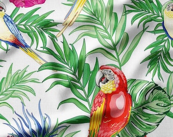 Tropical Parrot and Palm Leaves Cotton Fabric by the Yard – Vibrant Print for Summer Clothing, Home Decor, and Crafts