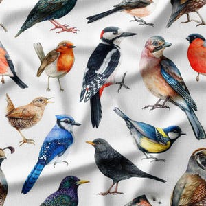 Cotton Fabric by the Yard – Realistic Colorful Birds Design, Available in Cotton, Linen, Bamboo & More, Perfect for Decor, Quilting, and DIY