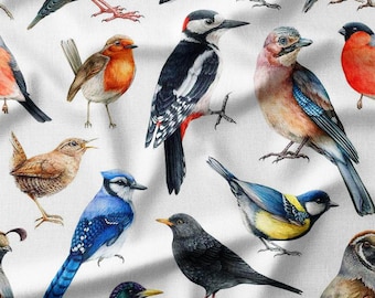 Cotton Fabric by the Yard – Realistic Colorful Birds Design, Available in Cotton, Linen, Bamboo & More, Perfect for Decor, Quilting, and DIY
