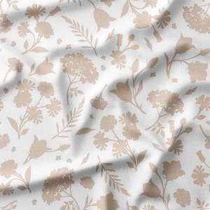 Beige Floral Silhouette Cotton Fabric by the Yard Neutral Flower Botanical Pattern for Sewing, Quilting, Home Decor, and DIY Projects