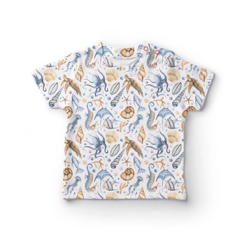 a t - shirt with an image of a sea horse and starfish on it