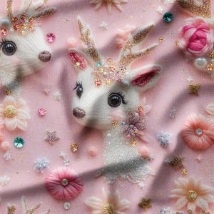 3D Reindeer with Flowers and Gems on Pink Cotton Fabric by the Yard - Perfect for Holiday Quilting, Pillows, and Crafts