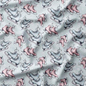 Cotton Fabric by the Yard - Pastel Ice Skates and Snowflakes on Light Background, Perfect for Quilting, Sewing, and Winter-Themed Projects