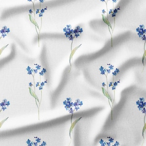 Blue Forget-Me-Nots on White Cotton Fabric by the Yard - Delicate Floral Watercolor Design for Quilting, Sewing, Bedding, Curtains