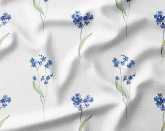 Blue Forget-Me-Nots on White Cotton Fabric by the Yard - Delicate Floral Watercolor Design for Quilting, Sewing, Bedding, Curtains