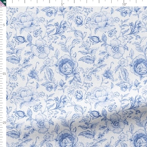 Linen Fabric by the Yard – Toile Roses and Leaves, Printed Floral (5 Colors: Red, Blue, Beige, Green, Gray)