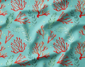 Cotton Fabric by the Yard – Red Coral on Aqua Teal – Coastal/Nautical