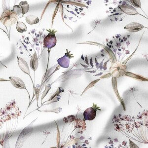 Cotton Fabric by the Yard – Poppy Pods & Wild Sprigs – Botanical Design