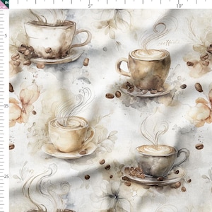 Könnte beinhalten: Aquarellmuster mit vier dampfenden Kaffeetassen, jeweils auf einer Untertasse, umgeben von Kaffeebohnen und floralen Akzenten. Die Tassen sind in Braun- und Beigetönen gehalten, auf hellem Hintergrund.