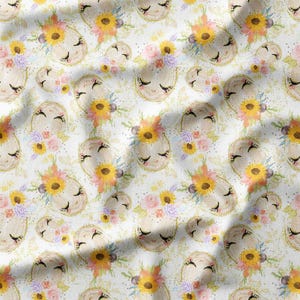 Cotton Fabric by the Yard – Whimsical Floral Pumpkins with Sunflowers on White Background, Perfect for Fall Quilting, Sewing, and Home Decor