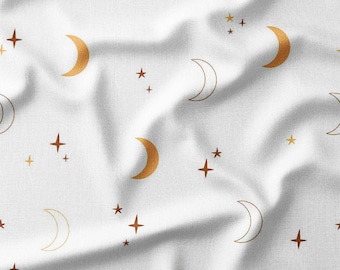 Golden Crescent Moons and Stars on White Cotton Fabric by the Yard - Elegant Celestial Design for Quilting, Sewing, and Nursery Decor