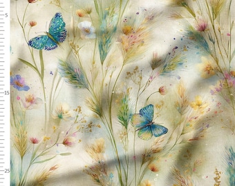 Cotton Fabric by the Yard, Meadow Wildflowers and Blue Butterflies, Cream Background Watercolor Floral