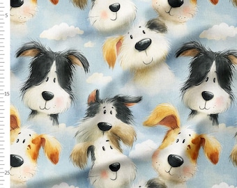 Cotton Fabric by the Yard, Watercolor Puppy Faces, Blue Sky Clouds Playful Pet Pattern