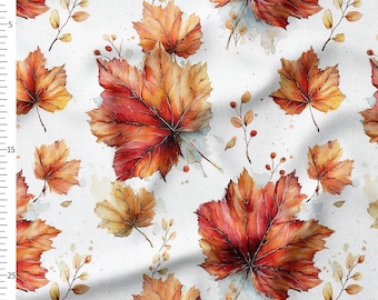 Cotton Fabric by the Yard – Autumn Maple Leaves in Orange and Red – Watercolor Fall Pattern