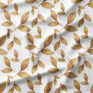 Gold Metallic Leaves on White Cotton Fabric by the Yard - Elegant Leaf Pattern for Quilting, Pillows, Bedding, and Home Decor