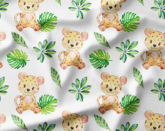 Baby Leopards and Jungle Leaves Cotton Fabric by the Yard Sweet Safari Animal Design for Kids Sewing, Quilting, Bedding, and DIY Projects