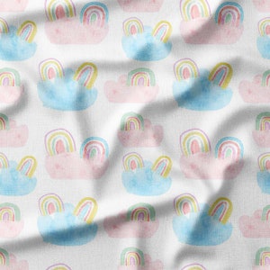 Pastel Rainbows and Clouds Cotton Fabric by the Yard - Soft Watercolor Design for Kids' Quilting and Sewing Projects