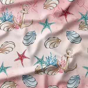 Fabric by the Yard - Nautical Seashells, Anchors, and Starfish on Light Pink Cotton Fabric - Perfect for Quilting, Sewing, and Home Decor