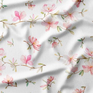 Watercolor Pink Magnolia Blossoms on White Cotton Fabric by the Yard - Elegant Floral Design for Quilting, Sewing, and Spring Decor