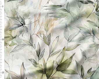Cotton Fabric by the Yard – Sage and Neutral Watercolor Leaves – Botanical Pattern