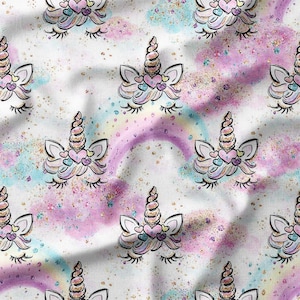 Sparkling Unicorns with Hearts and Rainbows on White Cotton Fabric by the Yard - Perfect for Kids' Quilting, Sewing, Nursery Decor, Crafts
