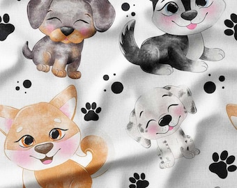 Cotton Fabric by the Yard - Cute Watercolor Puppies with Paw Prints on White, Perfect for Kids' Quilting, Nursery Decor, Baby Apparel, DIY