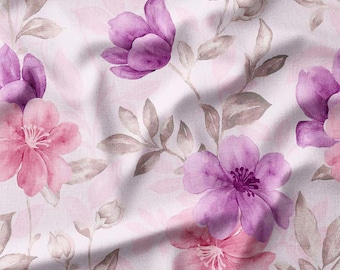 Pink and Purple Floral Cotton Fabric by the Yard - Elegant Watercolor Flower Design for Sewing, Quilting, DIY Crafts, and Home Decor