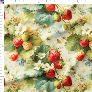 Peut inclure: Un motif de tissu avec un design aquarelle de fraises, de feuilles et de fleurs. Les fraises sont rouges et mûres, avec des feuilles vertes et des fleurs blanches et bleues. Le fond est de couleur crème clair.