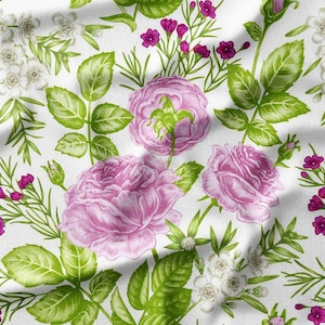 Pink Roses and Green Leaves with Purple Blossoms on White Cotton Fabric by the Yard - Elegant Floral Design for Quilting, Sewing, and Crafts