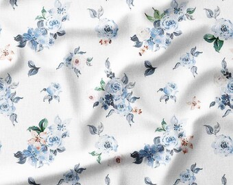 Cotton Fabric by the Yard – Ditsy Blue Wildflowers – Watercolor Floral Design