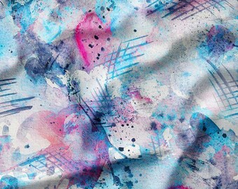 Abstract Blue, Pink, and Purple Watercolor Splash on White Cotton Fabric by the Yard - Artistic Design for Quilting, Sewing, and Crafts