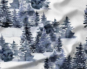 Winter Watercolor Forest Pine Trees on White Cotton Fabric by the Yard – Serene Landscape Design for Quilting, Clothing, and Home Decor