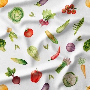 Watercolor Vegetables on White Cotton Fabric by the Yard – Fresh Garden Produce Design for Quilting, Pillows, and Kitchen Decor