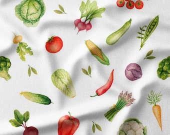 Watercolor Vegetables on White Cotton Fabric by the Yard – Fresh Garden Produce Design for Quilting, Pillows, and Kitchen Decor