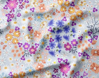 Floral Cotton Fabric by the Yard – Colorful Wildflowers on Light Blue – Available in Cotton, Linen, Bamboo & More – Ideal for Quilting Decor
