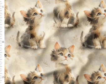 Cotton Fabric by the Yard, Watercolor Kittens on Beige Clouds, Soft Neutral Cat Nursery Print