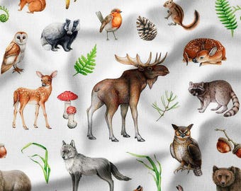 Woodland Animals and Forest Elements on White Cotton Fabric by the Yard - Nature-Inspired Design for Quilting, Sewing, and Craft Projects