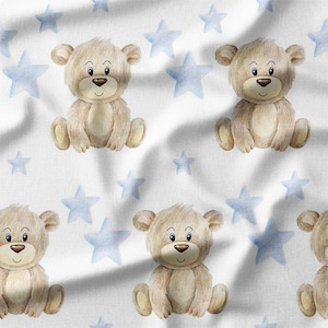 Cute Teddy Bears with Blue Stars on White Cotton Fabric by the Yard - Design for Kids, Quilting, DIY Crafts, Nursery Decor, Home Decor
