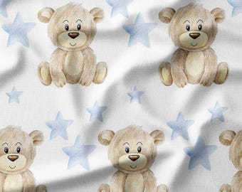 Cute Teddy Bears with Blue Stars on White Cotton Fabric by the Yard - Design for Kids, Quilting, DIY Crafts, Nursery Decor, Home Decor