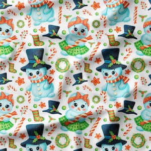 Cotton Fabric by the Yard - Festive Snowmen, Wreaths, and Candy Canes on White Background, Perfect for Holiday Crafts, and Christmas Decor