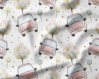 Cotton Fabric by the Yard – Pink Cars with Balloons – Kids Birthday Pattern