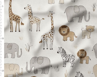 Cotton Fabric by the Yard – Safari Animals in Neutral Beige – Nursery Kids Pattern